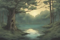 Lake, forest, tree, overgrown apocalyptic, comic book, cinematic, far,
