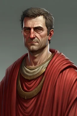 A Roman Clerk dressed in a red toga looking at the camera. In the style of Fallout 1 character. Age is about mid 30s.