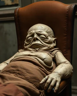 a chubby really old mummified corpse, eyes closed, leaned over in a brown chair
