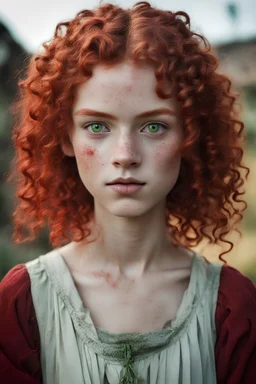 Sixteen-year-old girl, green eyes, freckles, blood red curls, dressed like a humble village girl