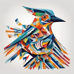 The image represents a cuckoo bird with a tilted head and an open beak, on a white background, which is depicted in an abstract and geometric style, in geometric shapes with a minimum of elements, with elements of Neo-Cubism and Fauvism, using vivid colors and bold lines. The bird is depicted using a minimum of different shapes and patterns, for example its wing is green with black dots. Bird on a white background. The overall impression is very modern and artistic.