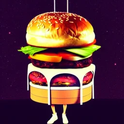 burger cult at the edge of the universe in surrealistic style