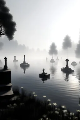 Crea un cementerio frente a un lago y niebla realista