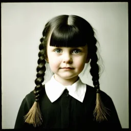 wednesday addams as a child, braids, frange, , worn autochrome, 1970s, wierd atmosphere, sad