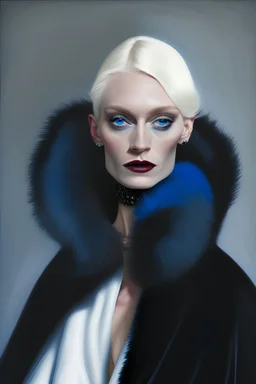 Portrait of a platinum blonde woman with blue eyes wearing a black fur shawl and white asymmetric Balenciaga dress, with a black headpiece. !990s fashion inspired.