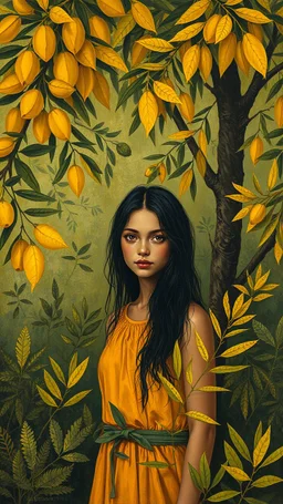 A pretty girl in a dark yellow olive jungle painted by Henry-Robert Brésil