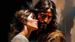 jesus hugging a sobing woman :: by Robert McGinnis + Jeremy Mann + Carne Griffiths + Leonid Afremov, black canvas, clear outlining, detailed