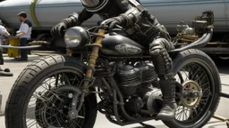 Una moto cuyas ruedas son anillos de vértebras ensartadas, el bloque motor late bajo una cúpula de costillas abiertas, y a su lado, un jinete con mono de látex agrietado y un casco de vendas que gotean aceite negro.