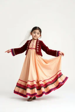 simple background, full body of very pretty little girl in azeri dance wearing A long underdress or shirt, often made of silk,A fitted, often velvet or brocade, jacket worn over the shirt.Wide, bell-shaped skirts are worn, often long and layered to create beautiful movements while dancing, with a long lace scarf at back of her head,in relax pose in front of camera