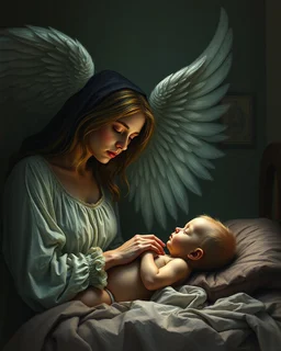 Bosch painting style ,nightmare, an a beautiful mother looks like an Angel staring at a baby sleeping in bed in a dim light baby room
