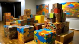 Create an imaginative landscape known as the "Land of Boxes and Puzzles," where giant, intricately designed boxes and puzzles dominate the scenery.