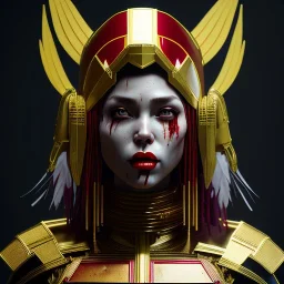 Us woman, rounded face, blood, black, red, gold, samurai helmet, decorative color feathers, retro, bamboo, leather, soft color, highly detailed, art stations, concept art, smooth, unreal engine 5, god rays, ray tracing, RTX, lumen lighting, ultra detail, volumetric lighting, 3d, finely drawn, high definition, high resolution.