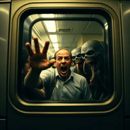 apocalypse dystopia, from perspective of looking through a window on a train car door a frantic passenger is pressed up against the glass shouting while behind him stand several zombies with tentacled mouths, well lit, volumetric lighting, HD photography, 35mm film, cinematic scene,