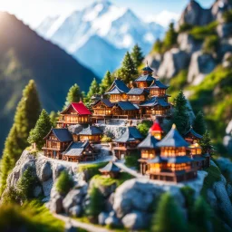 Miniature Himalayan village and a monastery on the top of the mountain with bokeh effect adventure.
