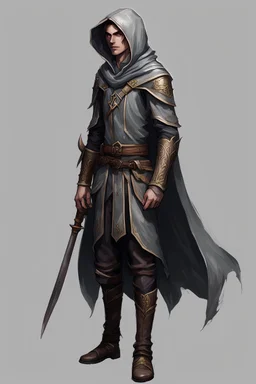 male high elf ranger wearing a leather jerkin and a gray hooded cloak, full body