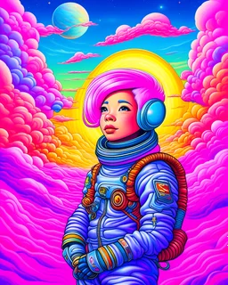 Highly detailed portrait of an astronaut. vintage style with a bright and cheerful color scheme, vivid pink hair, featuring a mix of pastel blues, pinks, and purples, standing with his arms folded, surrounded by a swirl of energy. The background is a colorful cartoon landscape, with fluffy clouds and a rainbow. The background is a stark, metallic landscape, with a futuristic cityscape visible in the distance. by atey ghailan, by eduard hopper, by greg tocchini, by james gilleard, grunge aestheti