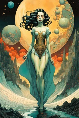 create a highly ethereal, darkly magical surrealist full body illustration of a vampire girl, with highly detailed and deeply cut facial features, in a chaotic, turbulent, otherworldly landscape, in the style of SALVADOR DALI, GUSTAV KLIMT, and KATHE KOLLWITZ combined with the comic art style of BILL SIENKIEWICZ and JEAN GIRAUD MOEBIUS, searing lines and forceful strokes, precisely drawn, inked, and darkly colored