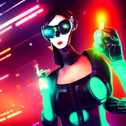 cyber girl pointing gun, cute, metal skin, neon eyes, red lips, cyberpunk city in background, realistic, 4k, style of 2001 space odissy