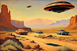 retrofuturism landscape with ufo in the sky, mountains, cars, rocks, henry luyten and ludwig dettman impressionism paintings
