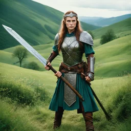 she is an iron maiden in the shire, with her battle-axe she is ready to defend her friends. Psychedelic, detailed 35mm film photograph. Resolute Hobbit iron maiden in rustic steel armor with etched patterns stands fiercely in the rolling green Shire hills. She holds a large, battle-worn two-handed battle-axe ready. Determined, brave expression. Braided hair. Round hobbit holes, gardens, distant conical hills under a swirling turquoise and magenta sky at golden sunset. Several hobbits, her friend