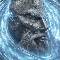 symetrical, centered, ultra detailed, digitarl art, in center is a portrait of highly detailed greek colossus surrounded by quantum galaxy codes seeking knowledge, detailed face, dominating colors = gray light blue, lightning,