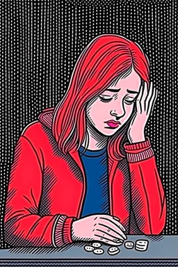 Ilustrasi seorang perempuan yang sedang depresi meminum obat obatan