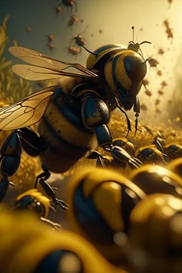 A cowboy Bee Leader riding a a majestic bumblebee in fight gear, wings outstretched, charges into the battlefield surrounded by swarms of anxious honeybees, cinematic, Arriflex, Imax, Cinematic color grading, post processing effects, 70mm, action shot still, motion effects, extremely detailed extremely detailed