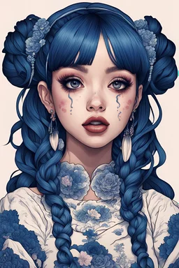 singer Melanie Martinez face, beautiful cyberpunk huge girl, hyperdetailed, illustration by Katsushika Hokusai, darkblue tones,