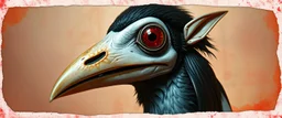3d airbrush render, magpie elf alien dodo , pinhole cam, airbrush 3d rendering, in the style of Titian and Dali , torn edges on border