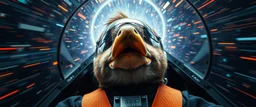 hyper sonic space warp crash pilot ,weird experiment gone wrong perspective close up portrait of dj shrimp beaver smug duck pilot looking down on cam, with background in the style of escher and giger, a chill contrapunctus fugue in the style of fsol, beethoven, goa trance breaks, dancefloor drum and bass,