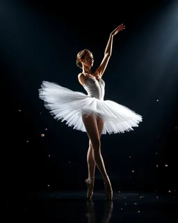 Ballet dancer standing a nice ballet pose in luxury teather , small flower particles floating in spotlight, dramatic chiaroscuro lighting
