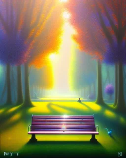 park mystical dream, park bench, man, woman, child, dog, trees, path, bird, sunshine, mystical, fantasy, romanticism, pastel colors, daylight, daytime, acrylic painting, detailed, soft focus,