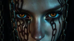 close up face with shadow dark gold eyes, void, pain, hyper-realistic detail, floats in deep darkness, deep blue abyss, shadow of chains is projected on her face, crepy stunning, dark, surreal vibe with meticulous clean pale skin dark golden eyes, dark shadow