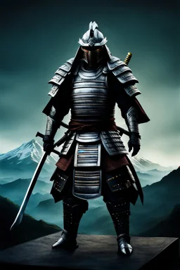 Full body, samurai wearing biomechanical armor, photorealistic,fuji mountain background