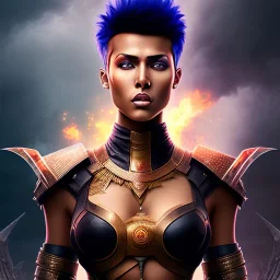 fantasy setting, woman, dark-skinned, indian, one-sided mohawk haircut,