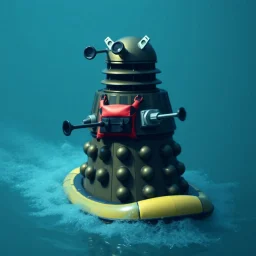 a Dalek in a rubber raft and wearing a life vest