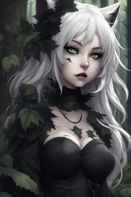 CAT GIRL, goth, forest, nature, cartoon, leaves, half black half white hair, boobs