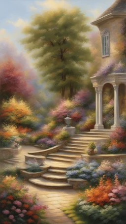 Masterpiece, best quality, Thomas Kinkade style painting of a portrait of a in the garden, painted by Thomas Kinkade