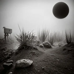 A striking quality Kodak photograph captures a wasteland with oddities and group of plants, creepy, details of the dust very accentuated, Yves Tanguy, Ernst Haekel, glossy organic mass, adorned with minerals and rocks. Bathed in intense light, eerie, Max Ernst style, black sun, fog