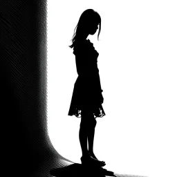 B/W A silhouette of girl between the age of 21-24 afraid white background