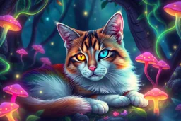 A rainbow-colored cat with golden and teal eyes resting in a magical forest, surrounded by glowing mushrooms, neon vines, and fragmented light. The background is dreamy and surreal. --v 7 --style raw --ar 4:5 --q 2