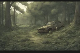 clearing forest,overgrown, post-apocalyptic, comic book, cinematic