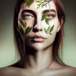 "full face tattoo of leaves and branches extending past face and morphing into reality, 8k resolution, high-quality, fine-detail, intricate, digital art, detailed matte, volumetric lighting, illustration, octane render