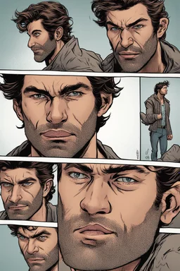 man with scruffy hair, stubble and a judgmental look on his face comic book style