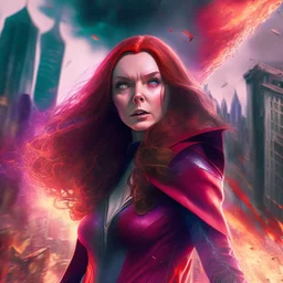 Wanda Maximoff, mulher, jovem, cabelos ruivos, olhos vermelhos, corpo inteiro, fundo cidade destruída, cores brilhantes, de lado destruindo algo com sua magia vermelha, traje da feiticeira escarlate, dramatico, 4k render, imagem cinematográfica. Cores frias, magia em suas mãos, magia vermelha claro