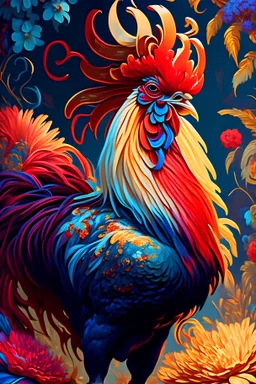 A striking painting depicting the majestic rooster in a lively style. The composition presents a strong presence with intricate details and vibrant colors. The background includes nature elements such as flowers , 8k , cinematic
