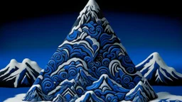 A dark blue frozen peak with chilly winds designed in Hawaiian tiki statues painted by MC Escher