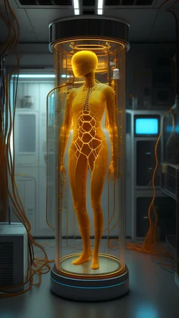 Sleeper in tube cabinet made of glass filled to the top with honey coloured liquid , in a laboratory inside it a half alien and a half human creature body standing vertically inside , connected with wires and electrical wires , the human standing in side, a high tech equipment in the background ,4K, cinematic, high resolution