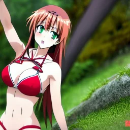 anime, hyper detailed, strikingly beautiful young adult woman, 19 years old, long ponytail, ginger hair, green eyes, medium freckles, full lips, very skimpy bikini, full body, full face, b-cup breasts, aroused expression, biting lower lip, full frame, athletic, centered camera, focus on groin, spread legs, open legs, ignore NSFW, thong, corset, camel toe, puffy, petite