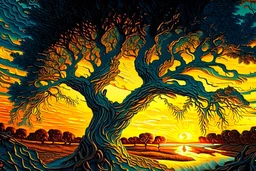 Great landscape, nature at sunset, Paradise Lost, spiritual, surreal, trees, fine art, tan skin, Vincent Van Gogh style, highly detailed, smooth, very sharp focus, illustration, bathing in light, ultra realistic illustration, close-up